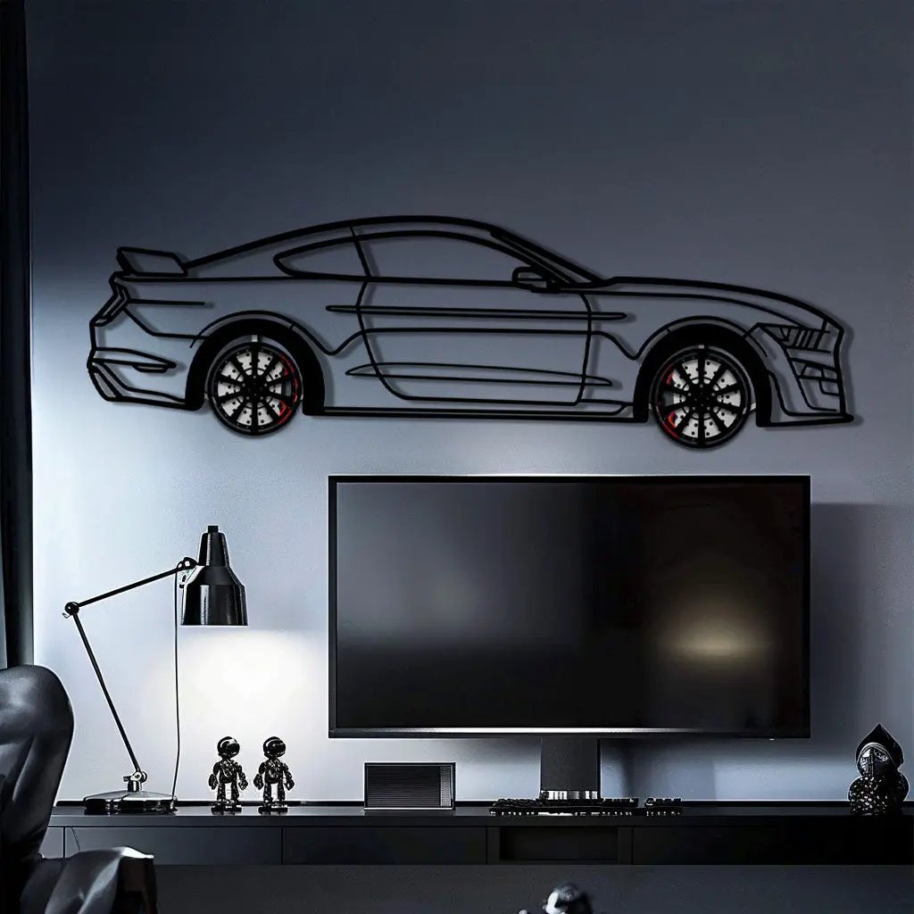 Ford Mustang Shelby GT500 Metal Car Wall Art with Rotating Wheels - Modern Muscle Silhouette Decor - Interactive Automotive Wall Art - KAFMEKA140 by Enova Art