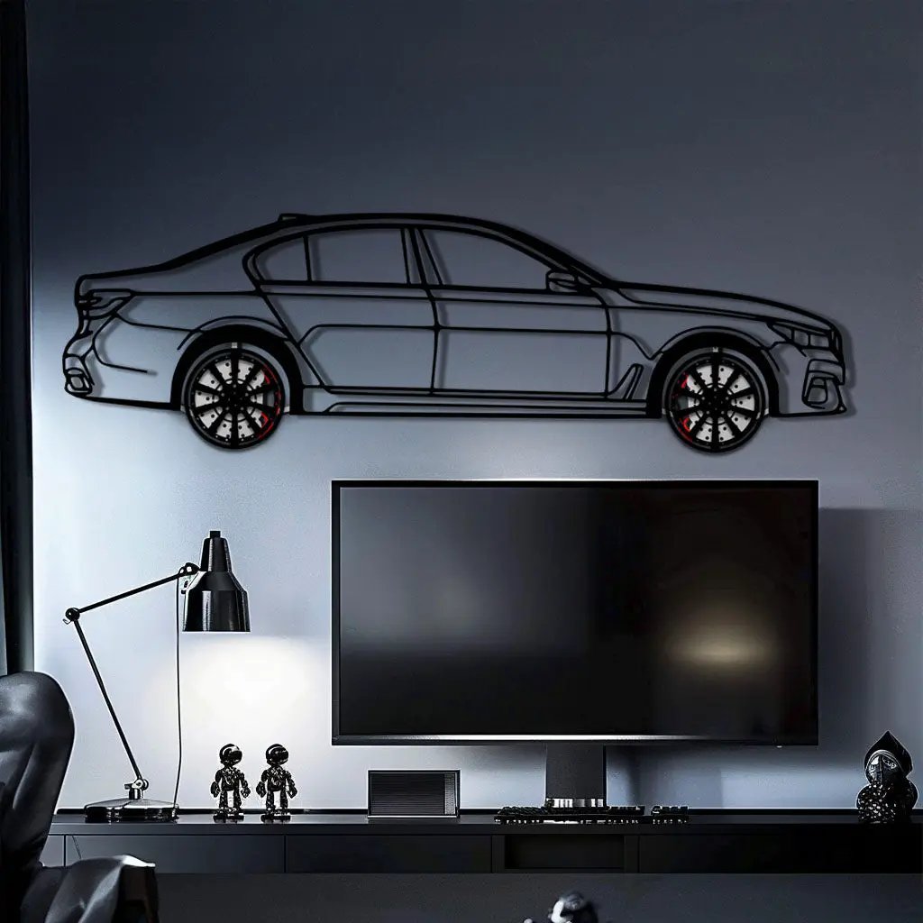 BMW 750i Metal Car Wall Art with Rotating Wheels - Luxury Executive Sedan Silhouette - Interactive Automotive Wall Decor - KAFMEKA104 by Enova Art