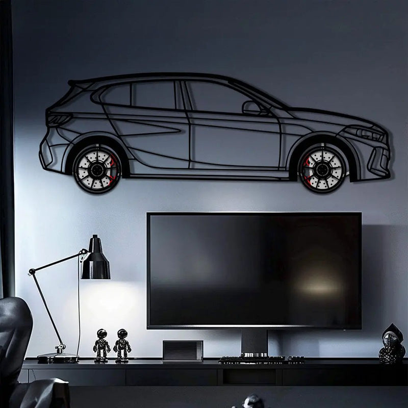 BMW 135i F40 Metal Car Wall Art with Rotating Wheels - M Performance Hatchback Silhouette - Interactive Automotive Decor - KAFMEKA102 by Enova Art