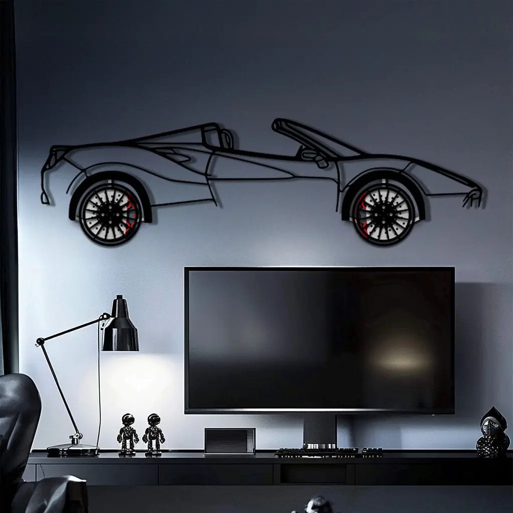 Ferrari 488 Spider Metal Car Wall Art with Rotating Wheels - Italian Twin-Turbo V8 Silhouette - Interactive Automotive Wall Decor - KAFMEKA126 by Enova Art