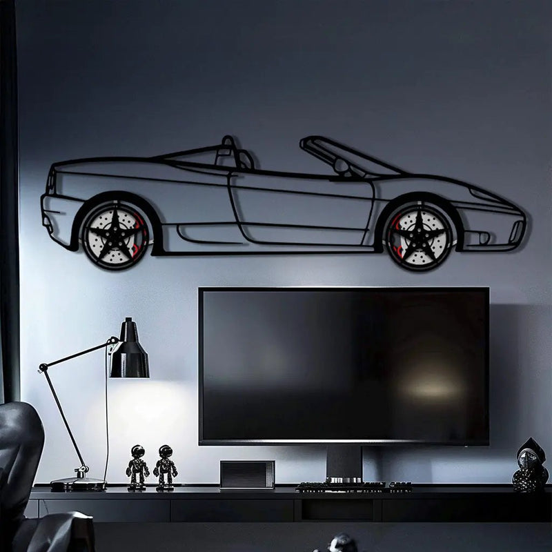 Ferrari 360 Spider Metal Car Wall Art with Rotating Wheels - Italian Convertible Supercar Silhouette - Interactive Automotive Wall Decor - KAFMEKA123 by Enova Art