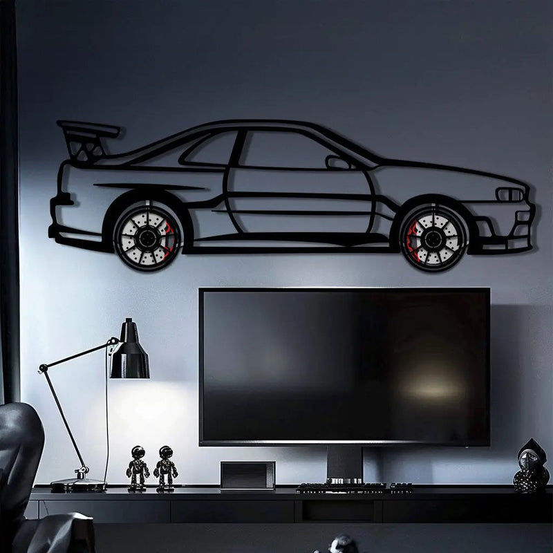 Nissan Skyline GT-R R34 Metal Car Wall Art with Rotating Wheels - "Godzilla" JDM Legend Silhouette - Interactive Automotive Wall Decor - KAFMEKA152 by Enova Art