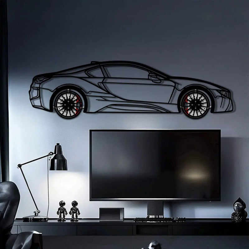 BMW i8 Metal Car Wall Art with Rotating Wheels - Futuristic Hybrid Supercar Silhouette - Interactive Automotive Decor - KAFMEKA106 by Enova Art