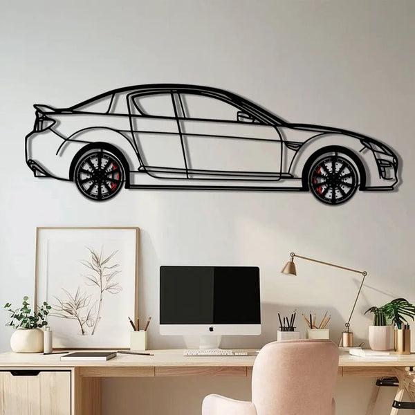 Mazda RX-8 Metal Car Wall Art with Rotating Wheels - Rotary Engine Silhouette - Interactive JDM Automotive Wall Decor - KAFMEKA148
