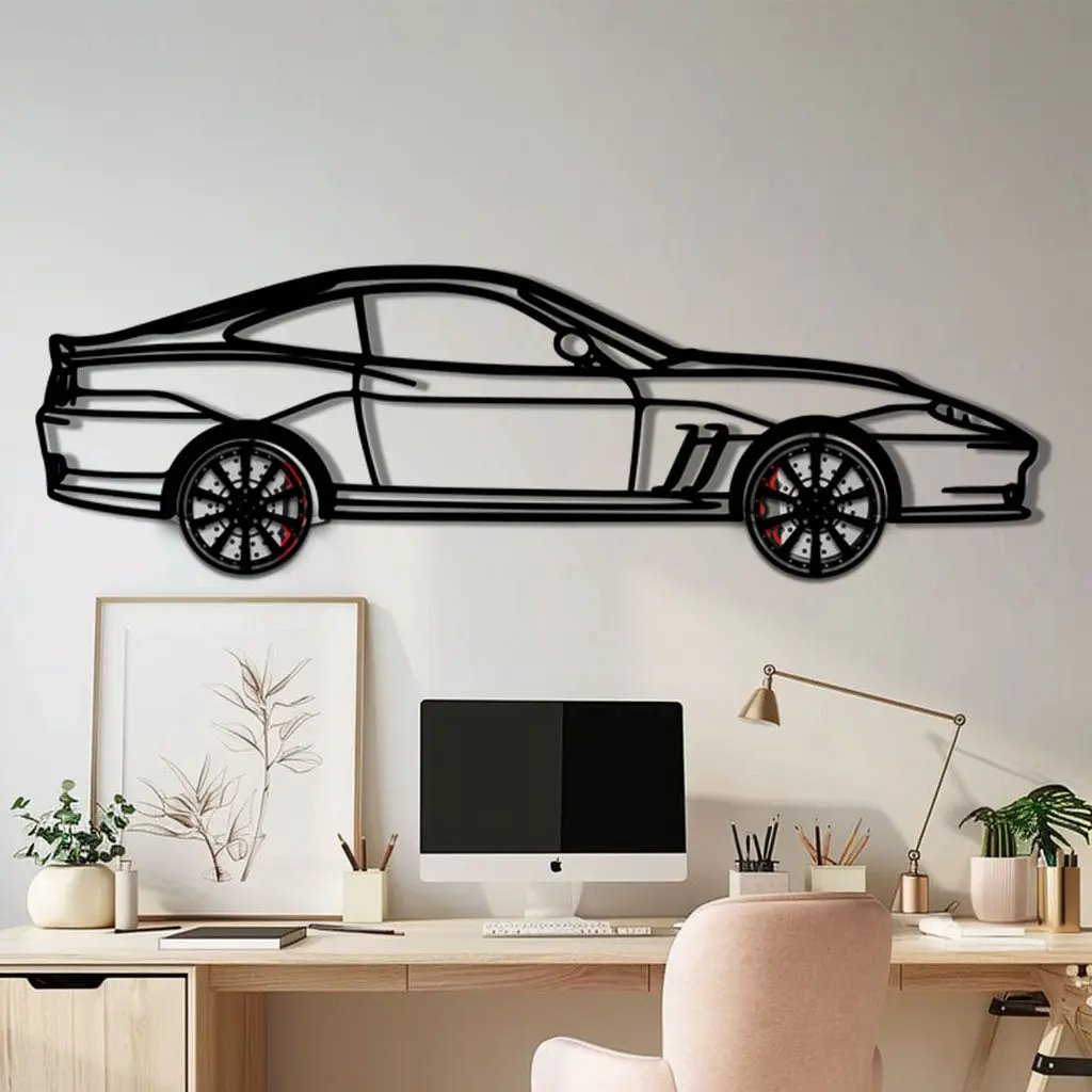 Ferrari 550 Maranello Metal Car Wall Art with Rotating Wheels - V12 Grand Tourer Silhouette - Interactive Automotive Wall Decor - KAFMEKA129 by Enova Art