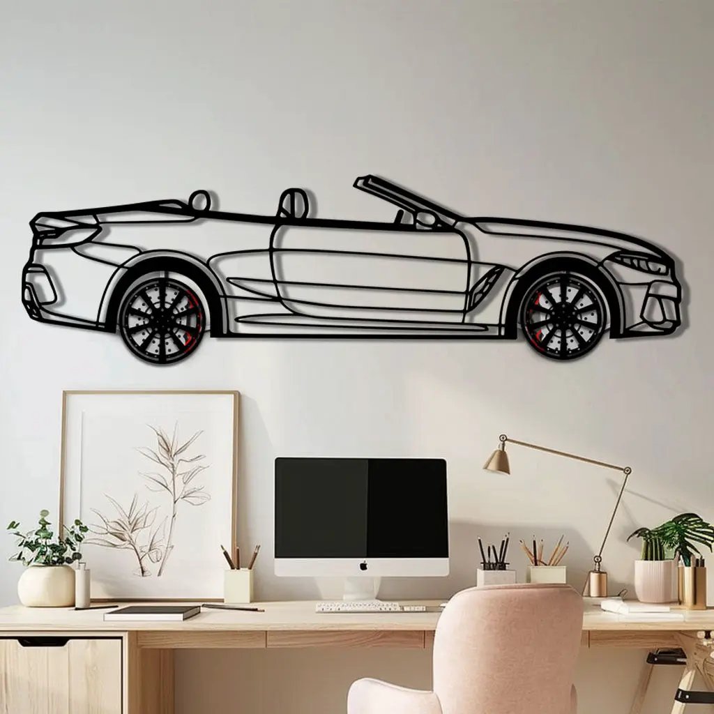 BMW 850i Metal Car Wall Art with Rotating Wheels - Luxury Grand Tourer Silhouette - Interactive Automotive Wall Decor - KAFMEKA105 by Enova Art