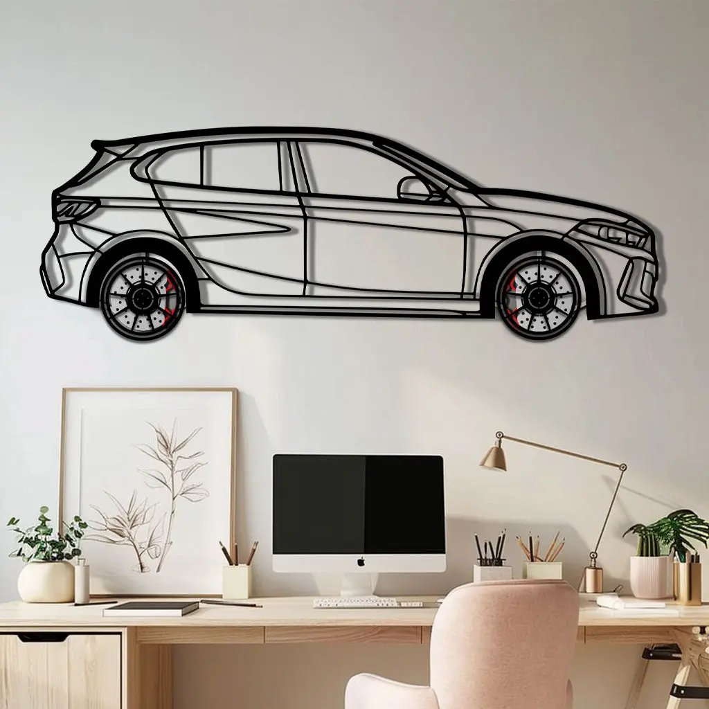 BMW 135i F40 Metal Car Wall Art with Rotating Wheels - M Performance Hatchback Silhouette - Interactive Automotive Decor - KAFMEKA102 by Enova Art