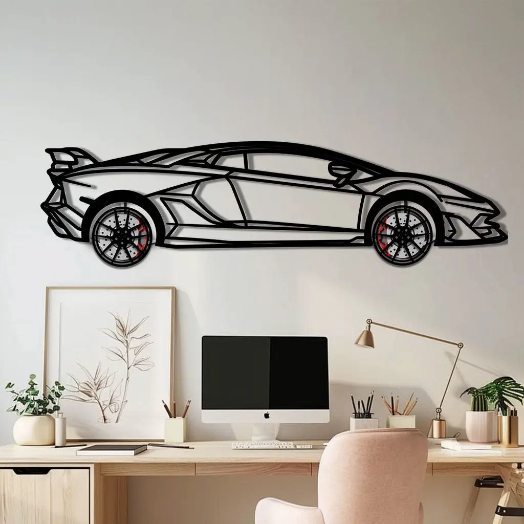 Lamborghini Aventador Metal Car Wall Art with Rotating Wheels - Italian V12 Hypercar Silhouette - Interactive Automotive Wall Decor - KAFMEKA145 by Enova Art