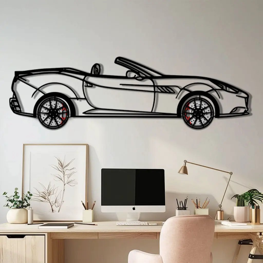 Ferrari California Metal Car Wall Art with Rotating Wheels - Italian V8 Grand Tourer Silhouette - Interactive Automotive Wall Decor - KAFMEKA130 by Enova Art