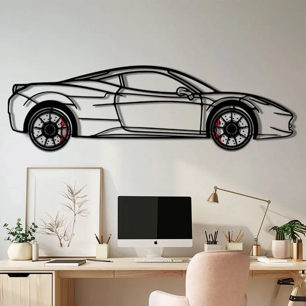 Ferrari 458 Italia Metal Car Wall Art with Rotating Wheels - V8 Supercar Silhouette Decor - Interactive Automotive Wall Art - KAFMEKA124 by Enova Art