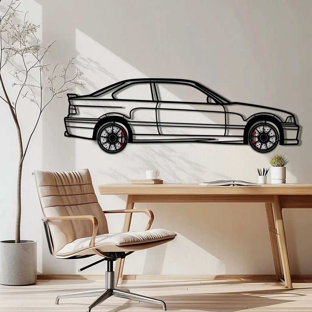 BMW E36 M3 Metal Car Wall Art with Rotating Wheels - 90s Performance Legend Silhouette - Interactive Automotive Wall Decor - KAFMEKA101 by Enova Art