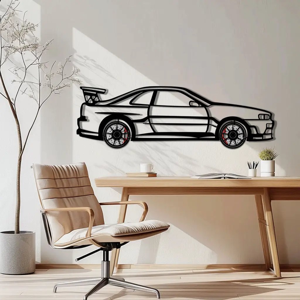 Nissan Skyline GT-R R34 Metal Car Wall Art with Rotating Wheels - "Godzilla" JDM Legend Silhouette - Interactive Automotive Wall Decor - KAFMEKA152 by Enova Art