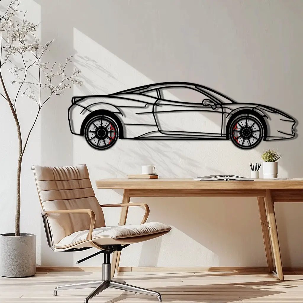 Ferrari 458 Italia Metal Car Wall Art with Rotating Wheels - V8 Supercar Silhouette Decor - Interactive Automotive Wall Art - KAFMEKA124 by Enova Art