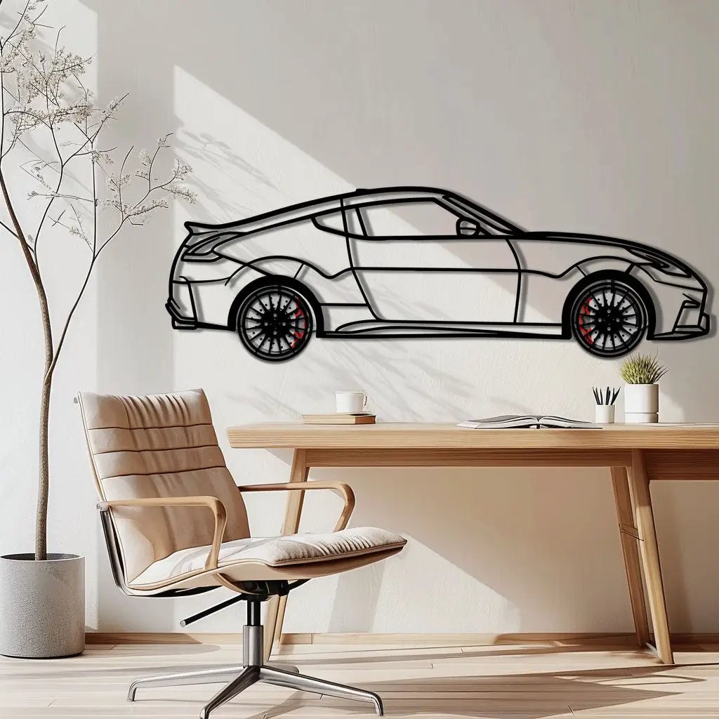 Nissan 350Z Metal Car Wall Art with Rotating Wheels - JDM Fairlady Z33 Silhouette - Interactive Automotive Wall Decor - KAFMEKA153 by Enova Art