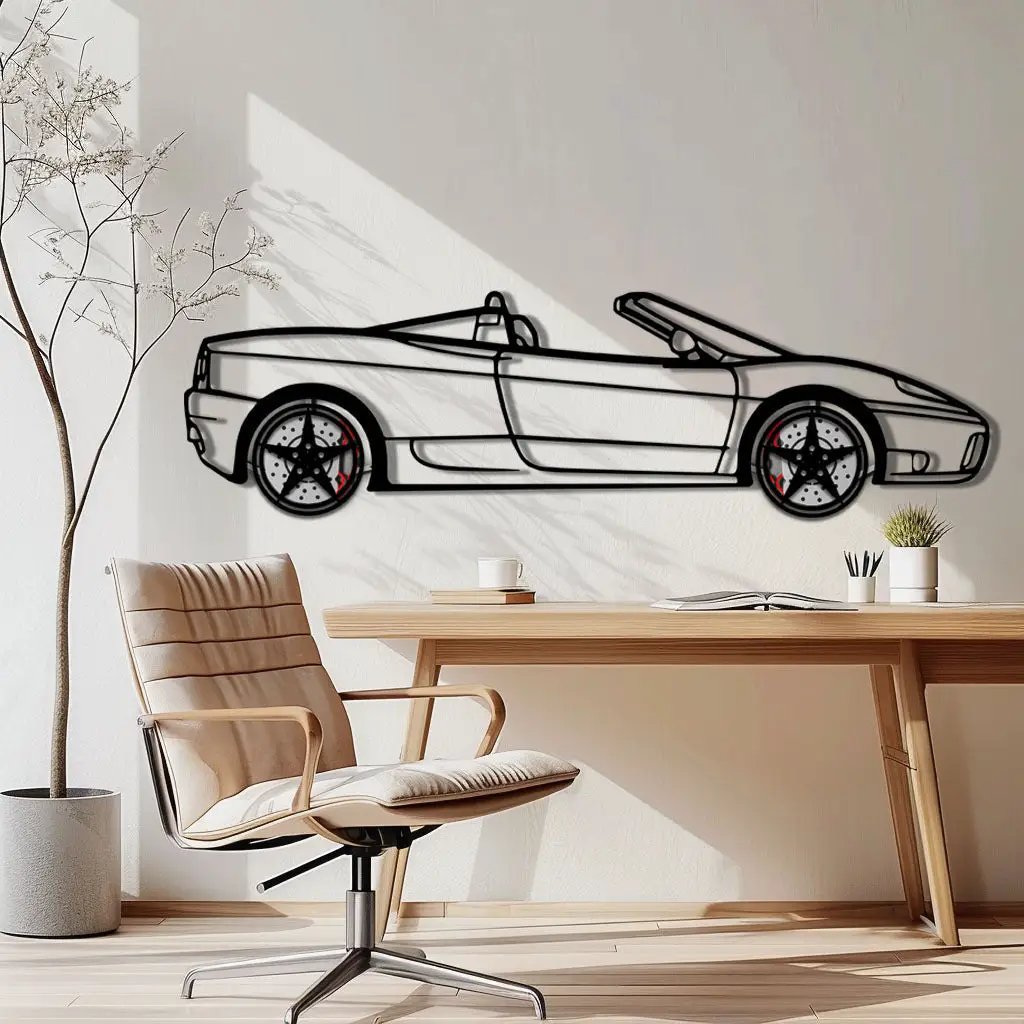 Ferrari 360 Spider Metal Car Wall Art with Rotating Wheels - Italian Convertible Supercar Silhouette - Interactive Automotive Wall Decor - KAFMEKA123 by Enova Art