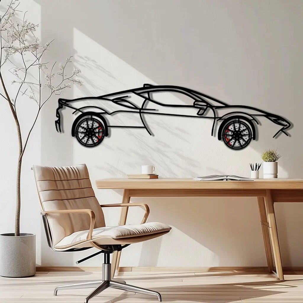 Ferrari SF90 Stradale Metal Car Wall Art with Rotating Wheels - Hybrid Hypercar Silhouette - Interactive Automotive Wall Decor - KAFMEKA135 by Enova Art