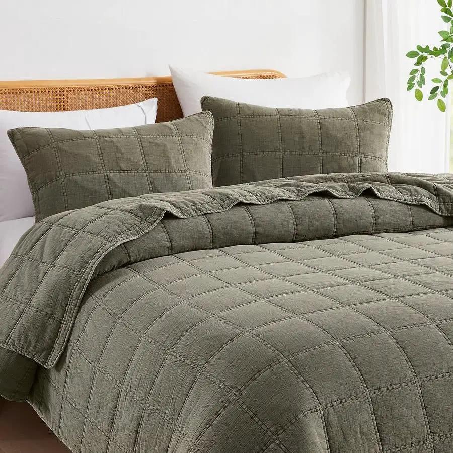 King/California King 3-Piece Sage Green Faded Stone Washed Cotton Quilt Set by HomePacific