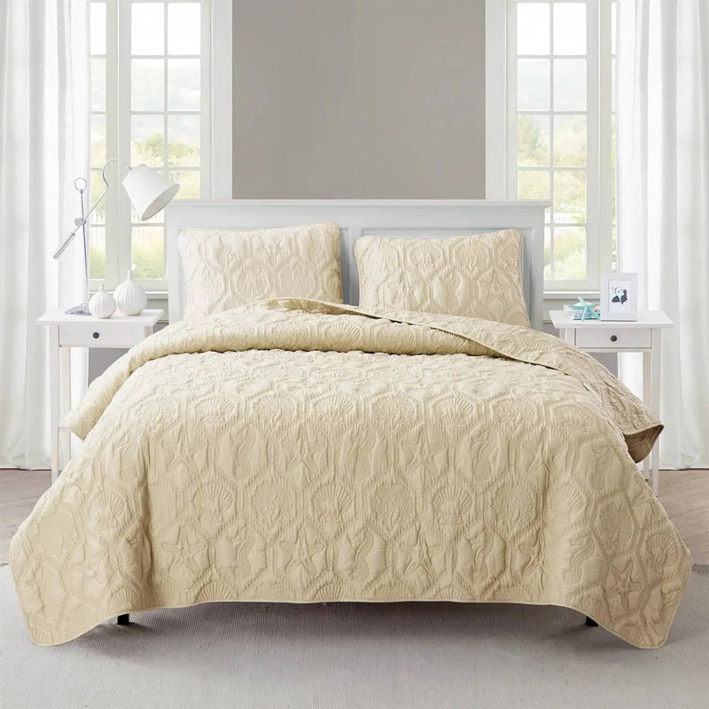 King size Coastal Beach Starfish Seashells Sea Horse Sand Tan 3-Piece Quilt Set by HomePacific