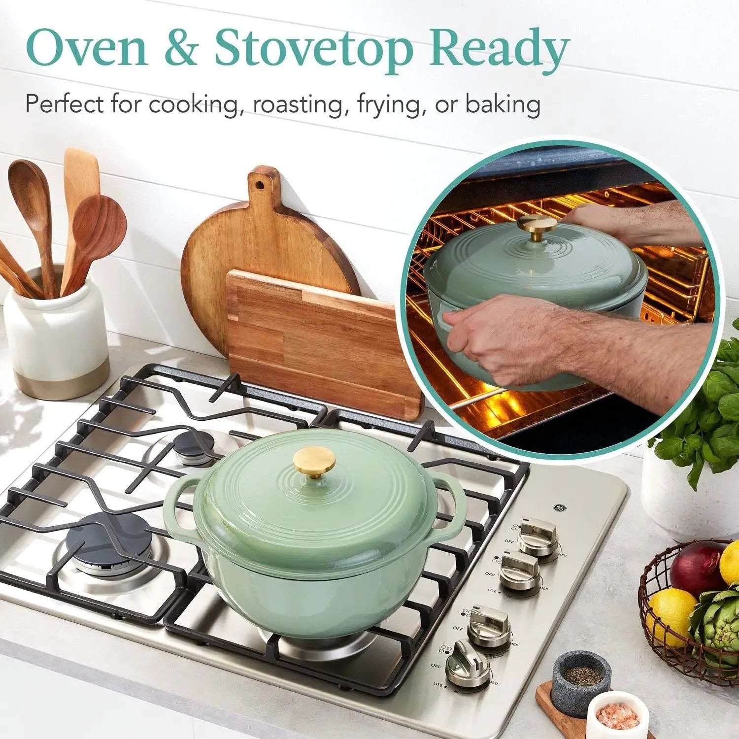 6 Quart Large Sage Green Enamel Cast-Iron Dutch Oven Kitchen Cookware by HomePacific