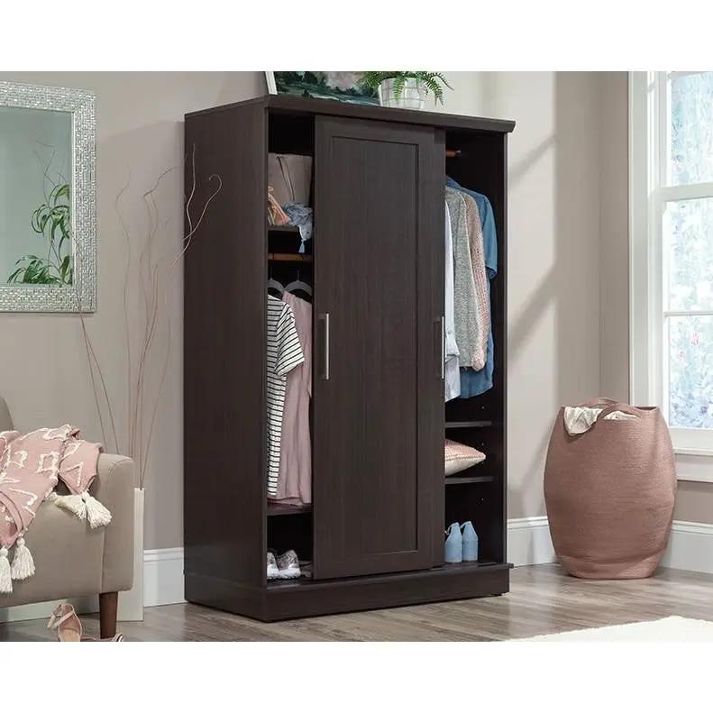 FarmHouse Espresso Oak Sliding Doors Garment Rod Wardrobe Armoire by HomePacific