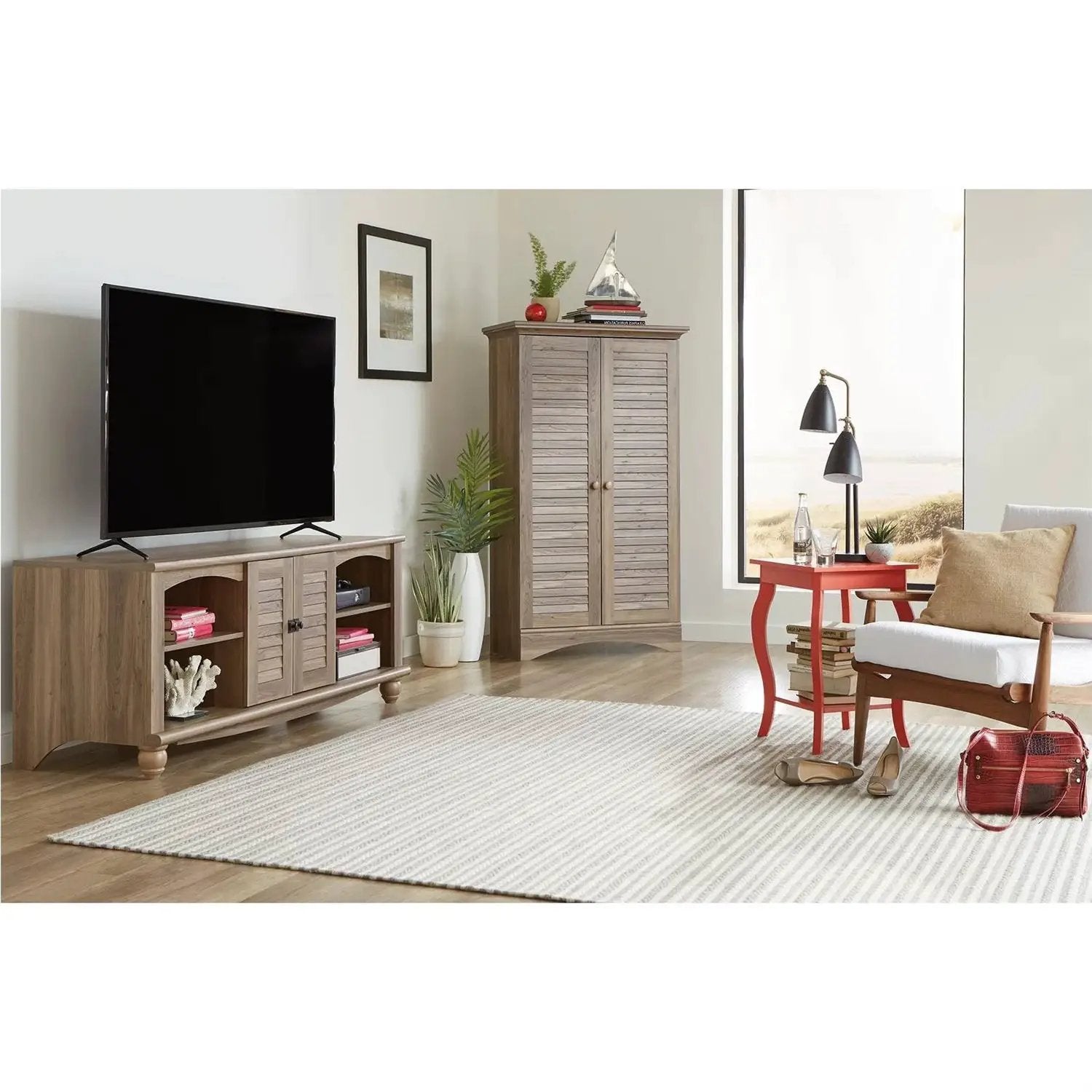 Farmhouse Armoire Storage Cabinet w/ Louver Doors in Light Brown Oak Wood Finish by HomePacific