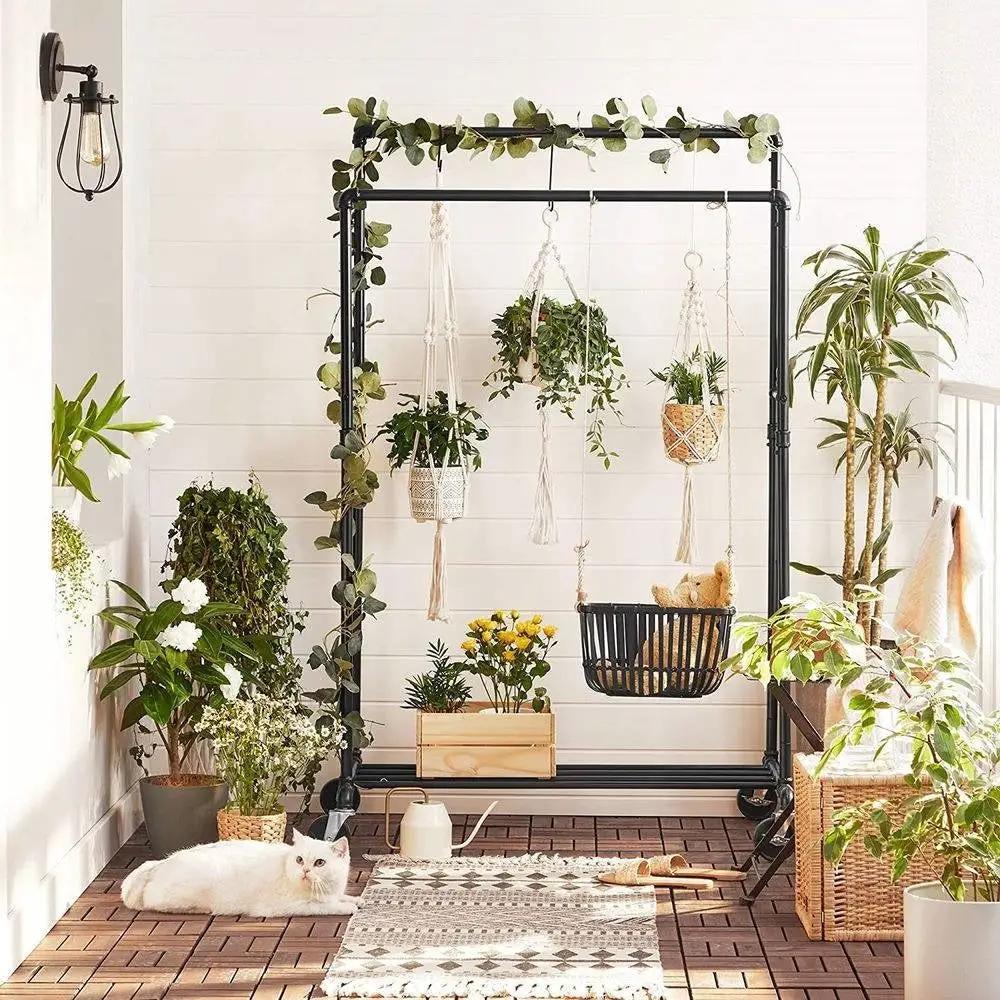 Heavy Duty Rustic Pipe Black Double-Rail Clothes Garment Rack w/ Locking Wheels by HomePacific