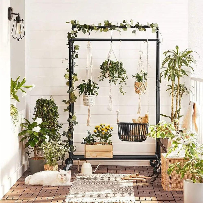 Heavy Duty Rustic Pipe Black Double-Rail Clothes Garment Rack w/ Locking Wheels by HomePacific