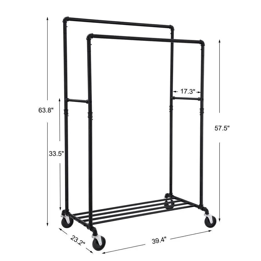 Heavy Duty Rustic Pipe Black Double-Rail Clothes Garment Rack w/ Locking Wheels by HomePacific