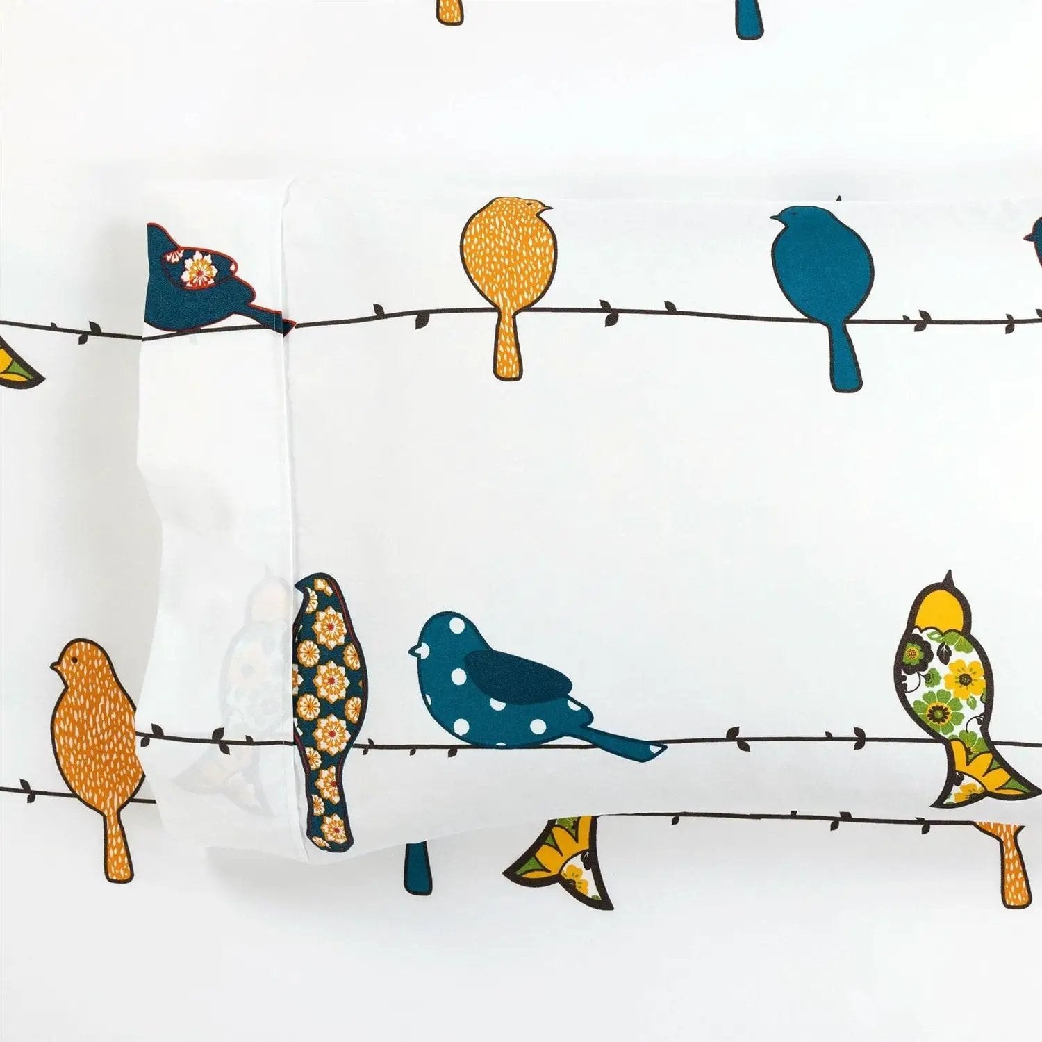 Queen Teal Yellow White Floral Birds on Wire Soft Polyester 6 Piece Sheet Set by HomePacific