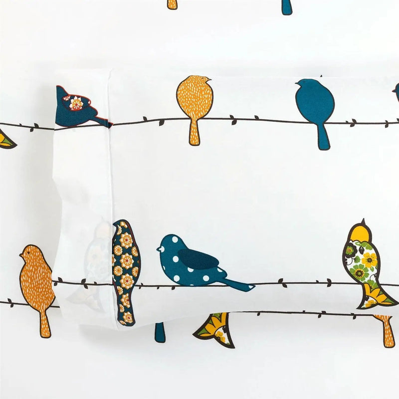 Queen Teal Yellow White Floral Birds on Wire Soft Polyester 6 Piece Sheet Set by HomePacific