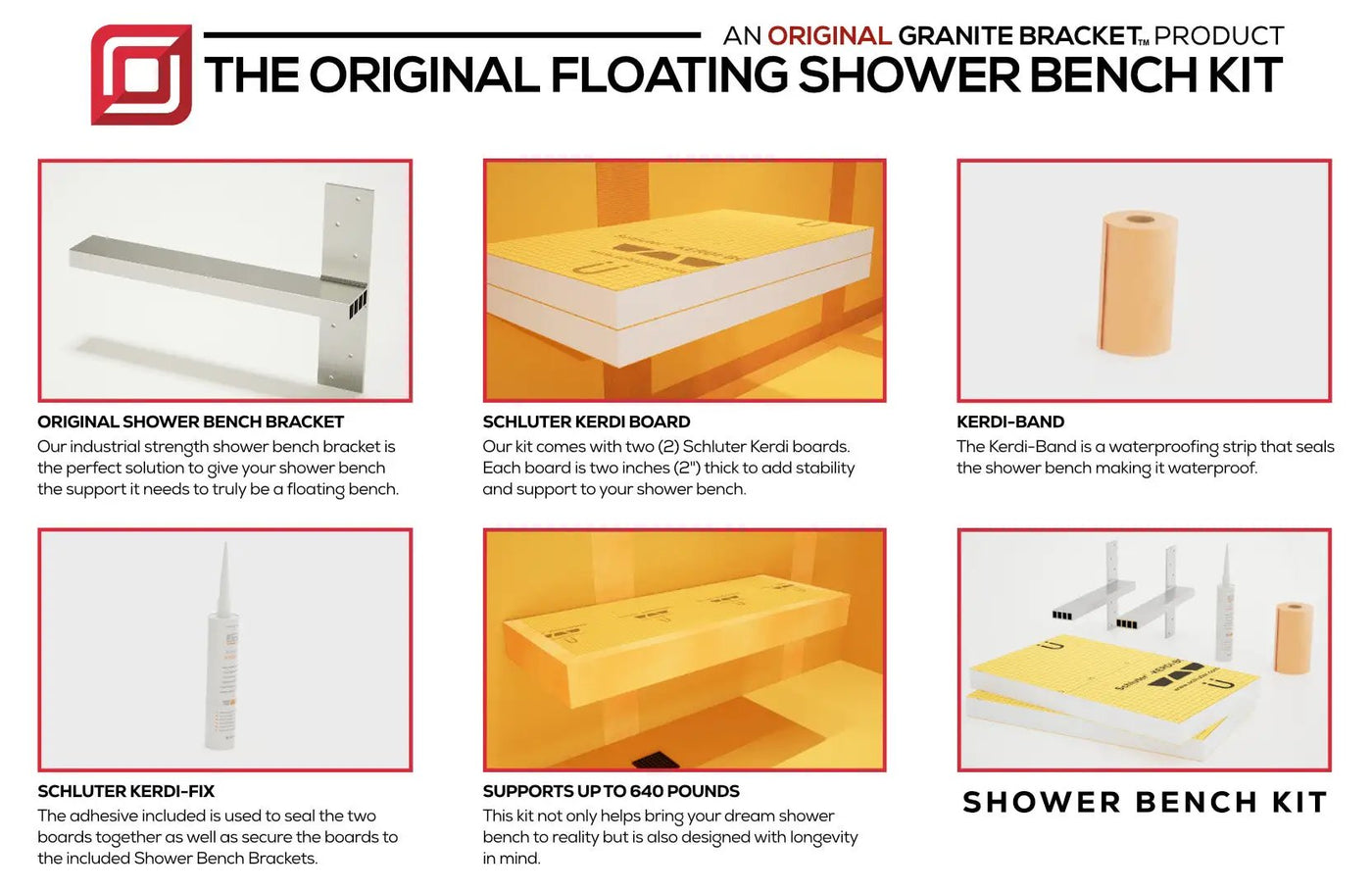 The Original Floating Shower Bench Kit­™ with Orange Waterproof Board & Original Shower Bench Bracket® by The Original Granite Bracket