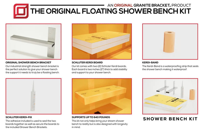 The Original Floating Shower Bench Kit­™ with Orange Waterproof Board & Original Shower Bench Bracket® by The Original Granite Bracket