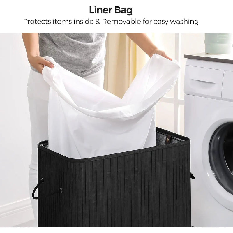 Black Bamboo Wood 26-Gal Laundry Hamper Basket w/ Removable Washable Cotton Bag by HomePacific