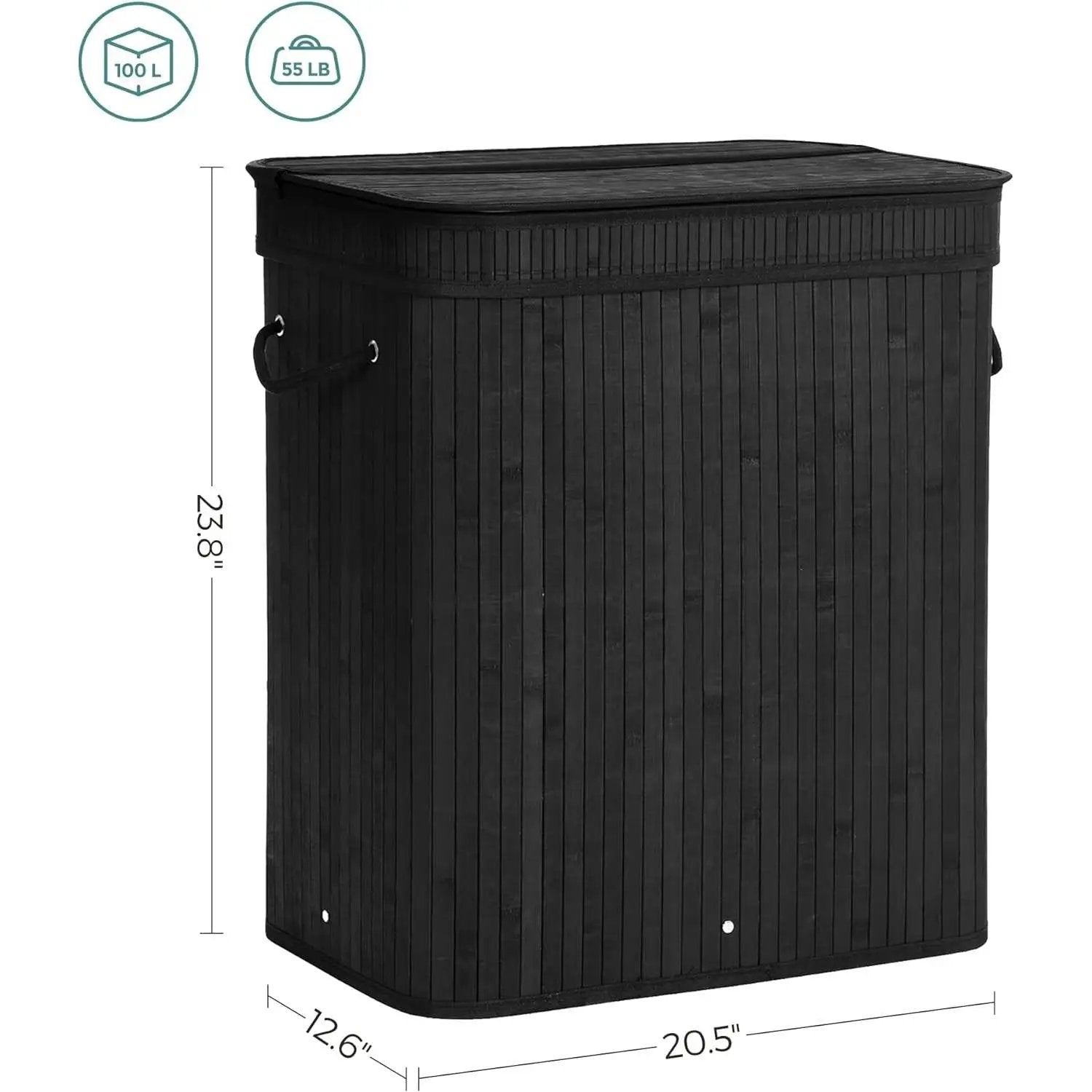 Black Bamboo Wood 26-Gal Laundry Hamper Basket w/ Removable Washable Cotton Bag by HomePacific