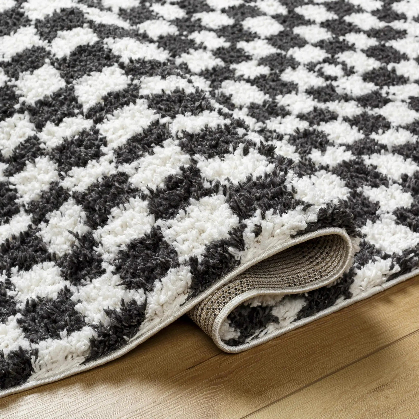 Kieu Black & White Checkered Shag Rug by Boutique Rugs