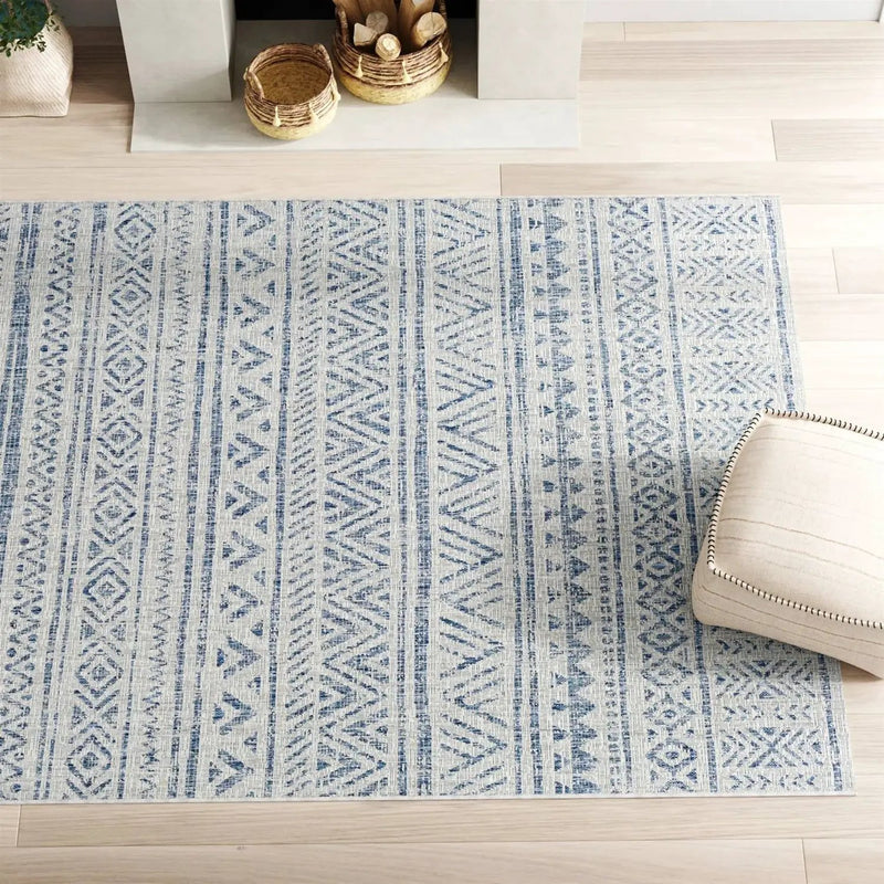 6.5 ft. x 9 ft. Blue Grey Chevron Coastal Boho Style Indoor Outdoor Area Rug by HomePacific
