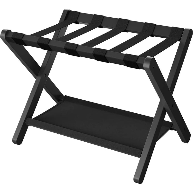 Sturdy Bamboo Luggage Rack in Black Wood Finish with Lower Storage Shelf by HomePacific