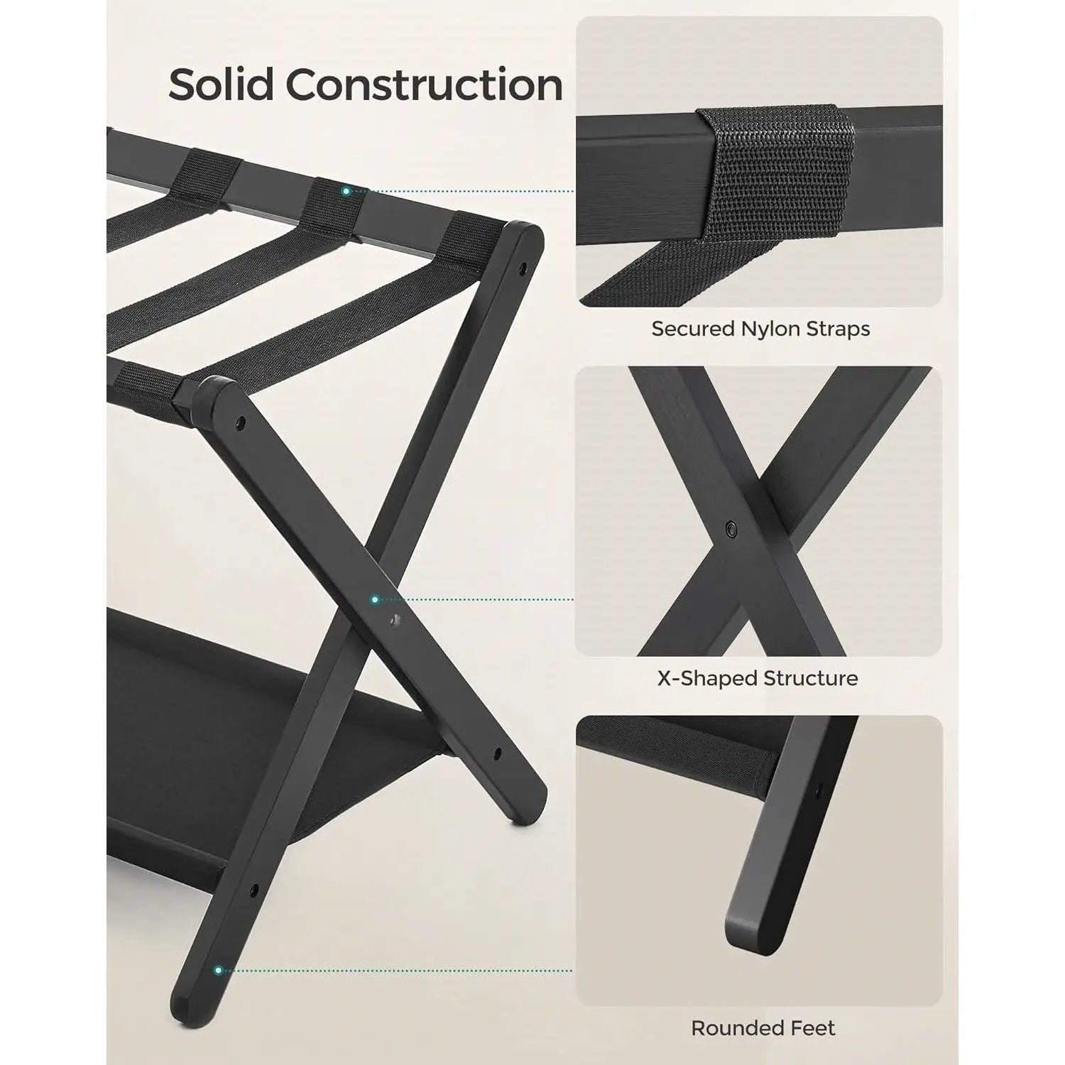 Sturdy Bamboo Luggage Rack in Black Wood Finish with Lower Storage Shelf by HomePacific