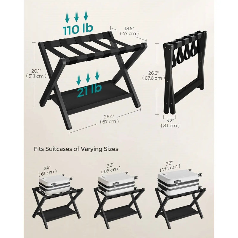 Sturdy Bamboo Luggage Rack in Black Wood Finish with Lower Storage Shelf by HomePacific