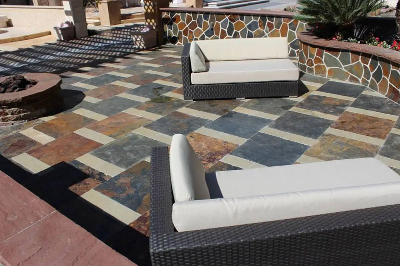 California Gold Gauged Slate Mosaics 12x12 in a finished room