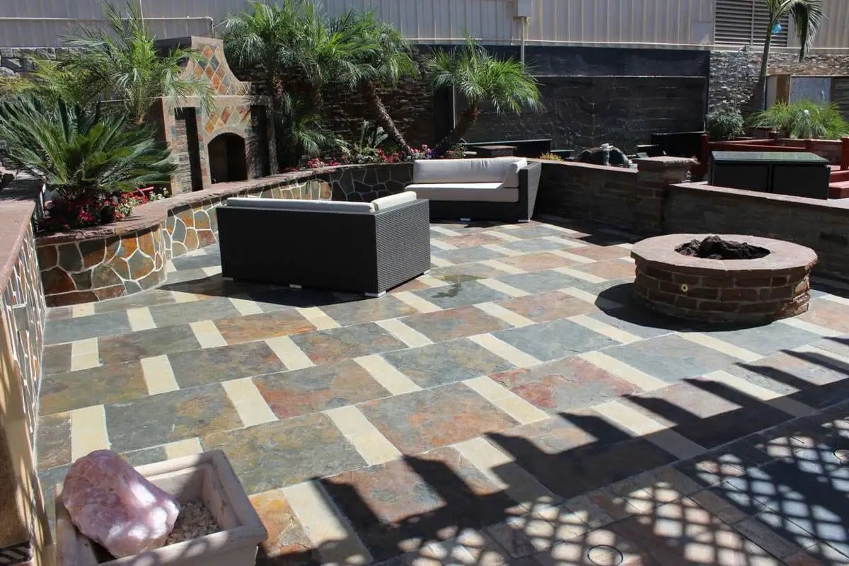 California Gold Gauged Slate Pavers 6x24 in a finished room