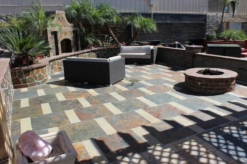 California Gold Gauged Slate Pavers 6x24 in a finished room