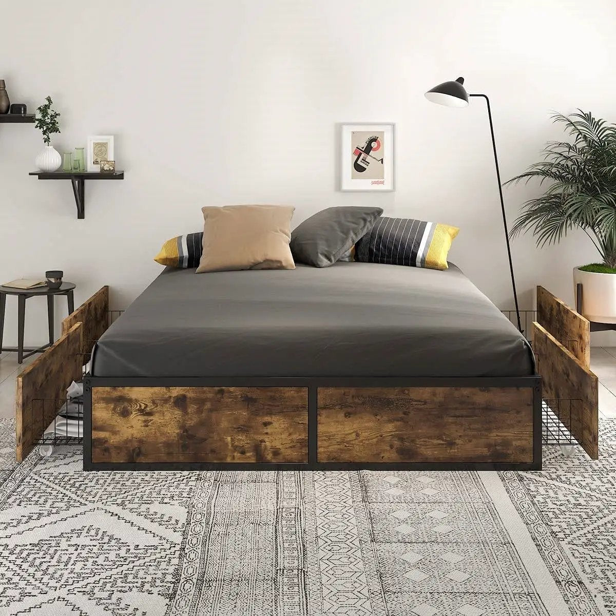 Queen Metal Wood Platform Bed Frame with 4 Storage Drawers - 800 lbs Max Weight by HomePacific