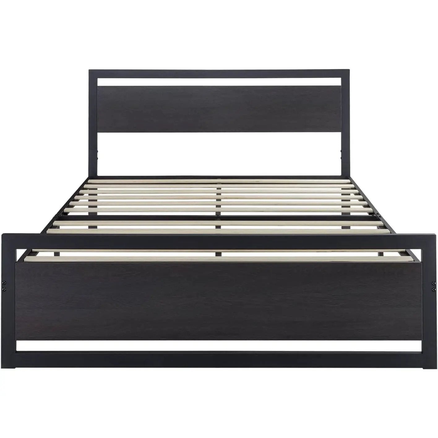 Full Black Metal Platform Bed Frame with Wood Panel Headboard and Footboard by HomePacific