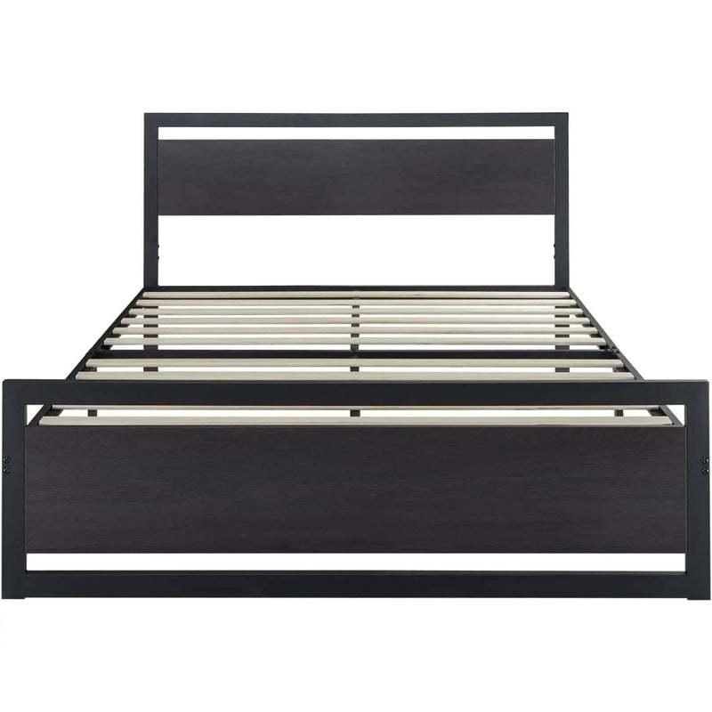 Full Black Metal Platform Bed Frame with Wood Panel Headboard and Footboard by HomePacific