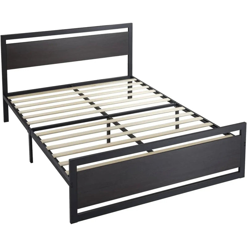 Full Black Metal Platform Bed Frame with Wood Panel Headboard and Footboard by HomePacific