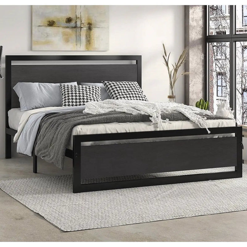 Full Black Metal Platform Bed Frame with Wood Panel Headboard and Footboard by HomePacific