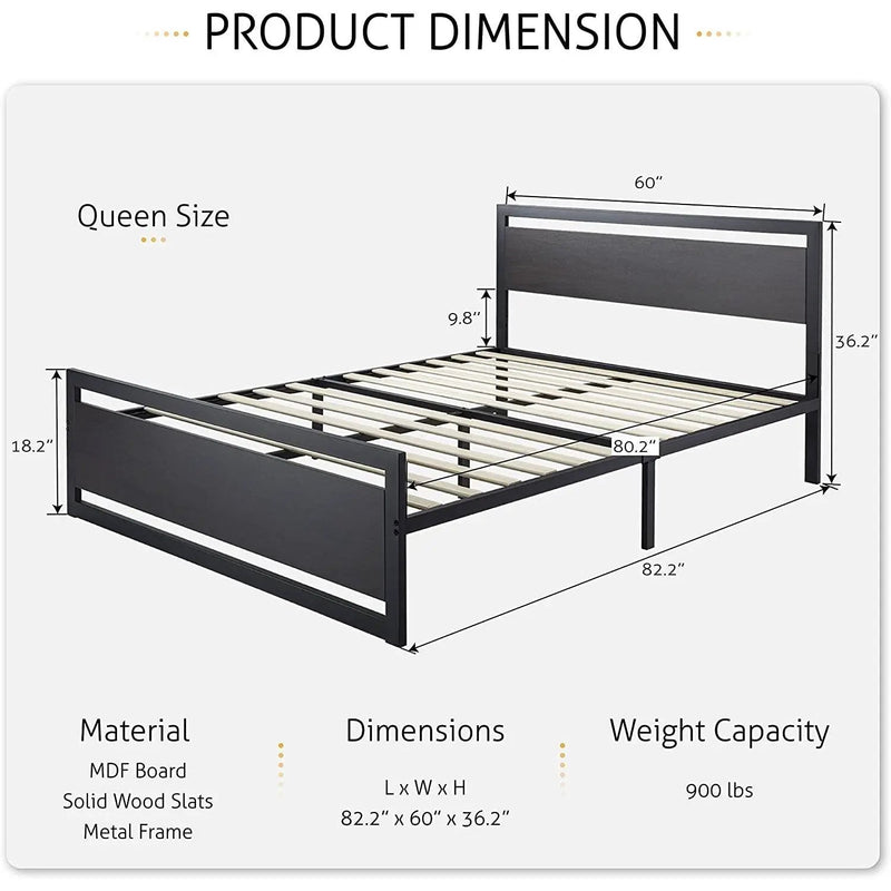 Full Black Metal Platform Bed Frame with Wood Panel Headboard and Footboard by HomePacific