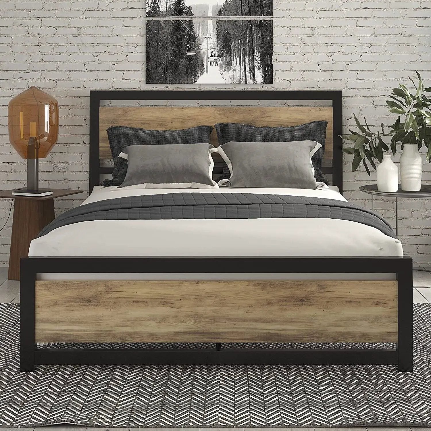 Full Metal Platform Bed Frame with Brown Wood Panel Headboard and Footboard by HomePacific
