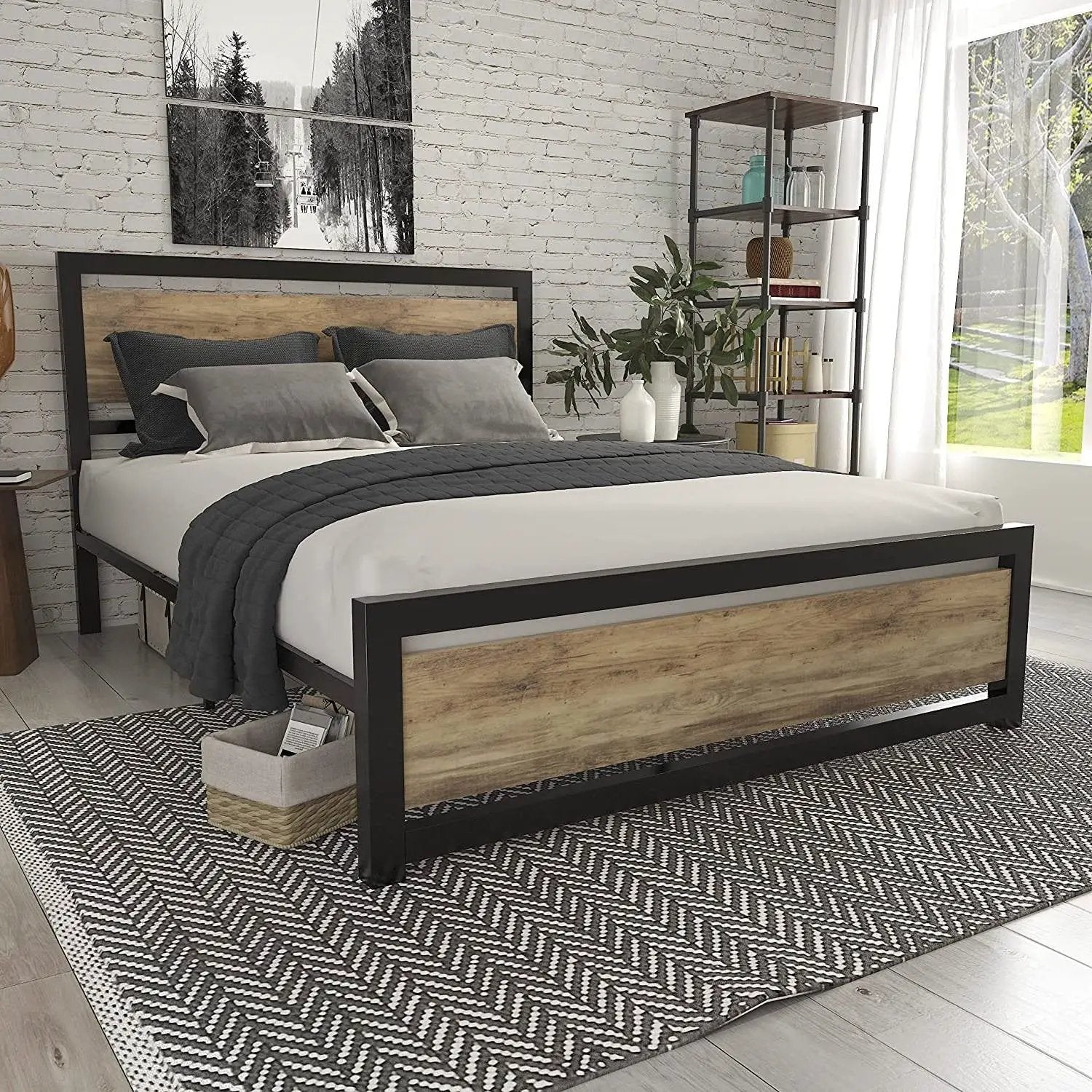 Full Metal Platform Bed Frame with Brown Wood Panel Headboard and Footboard by HomePacific